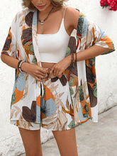 Women Resort Summer Blue Leaf Print Kimono Shirt And Shorts 2-Piece Beach Set